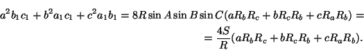 \begin{multline*}
\frac{4S}{R}(aR_bR_c+bR_cR_b+cR_aR_b) \ge \\ \ge
\frac{abcS}...
...
\frac{XA}{a}\cdot\frac{XB}{b}\right)\ge
\frac{abcS}{R}=4S^2.
\end{multline*}