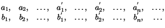 $\displaystyle \begin{matrix}a_{1}, &a_{2},&\dots, &a^{'}_{1},
&\dots, &a^{'}_{...
...&\dots,
&b^{'}_{1}, &\dots, &b^{'}_{2},&\dots,&b^{'}_{n}, & \dots \end{matrix}$